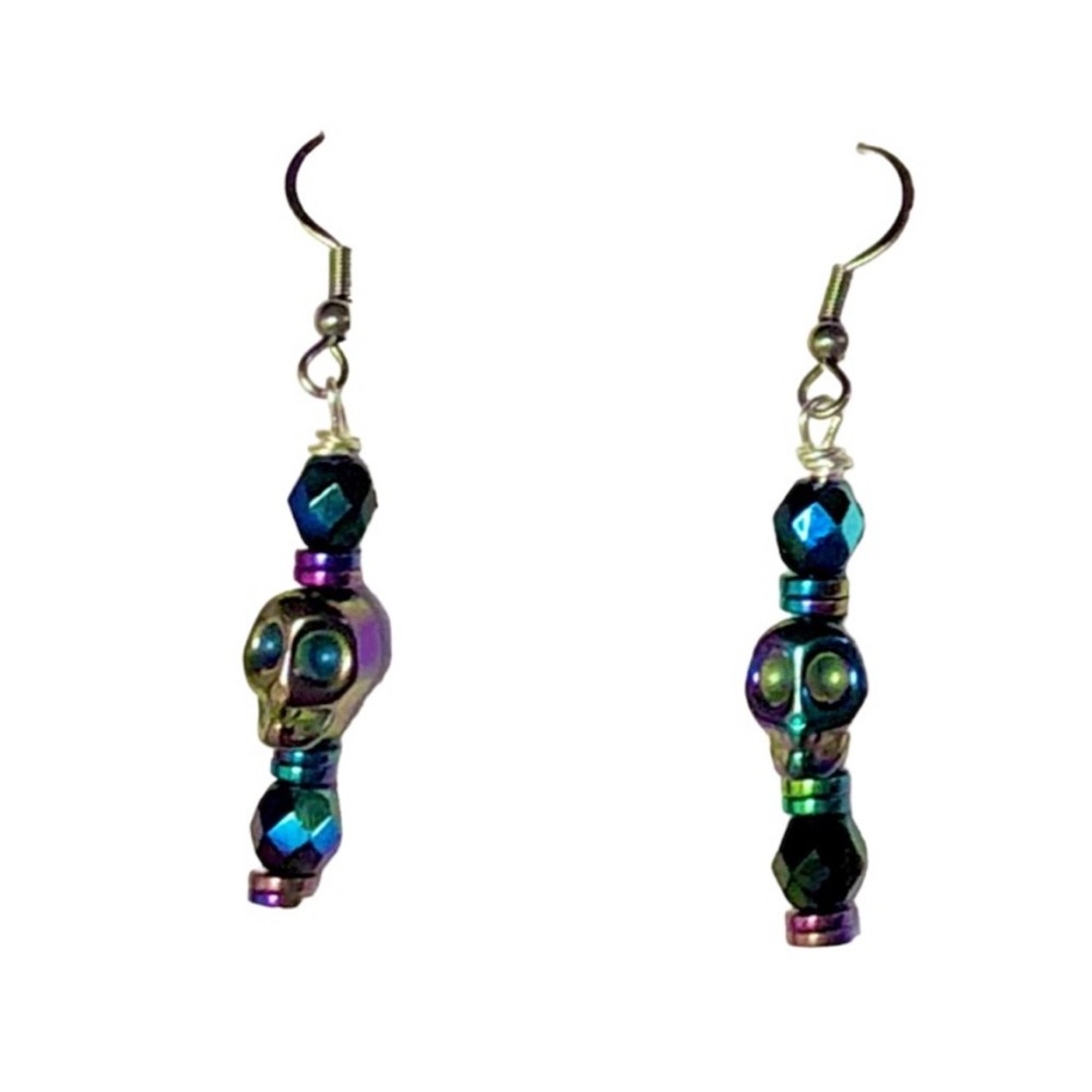HANDMADE Electroplated Rainbow SKULL And Czech Glass Black AB Bead Earrings